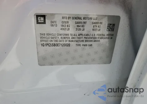 2014 Chevrolet Cruze Lt z USA, uszkodzony, nr VIN 1G1PC5SB0E7120020